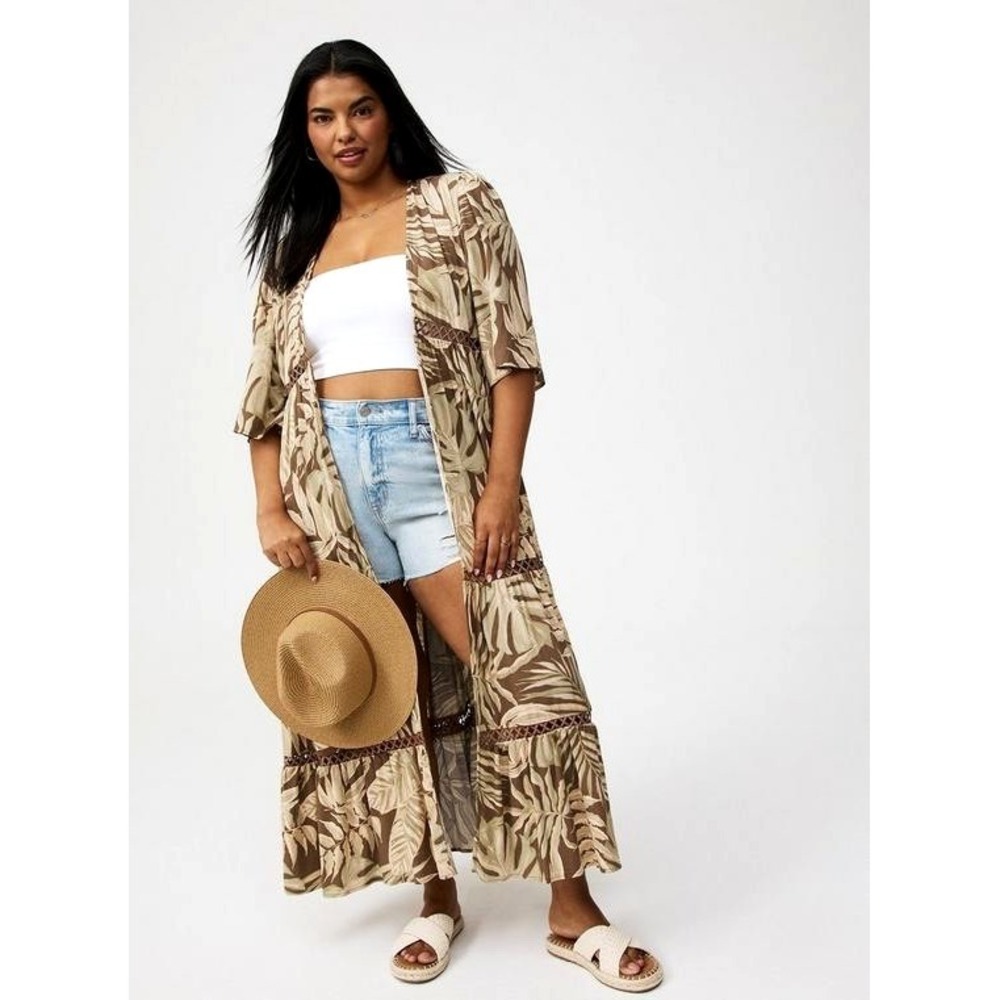 NWT Torrid Women Washable Gauze Tiered Maxi  Duster Kimono Sz 1X Tropical Brown